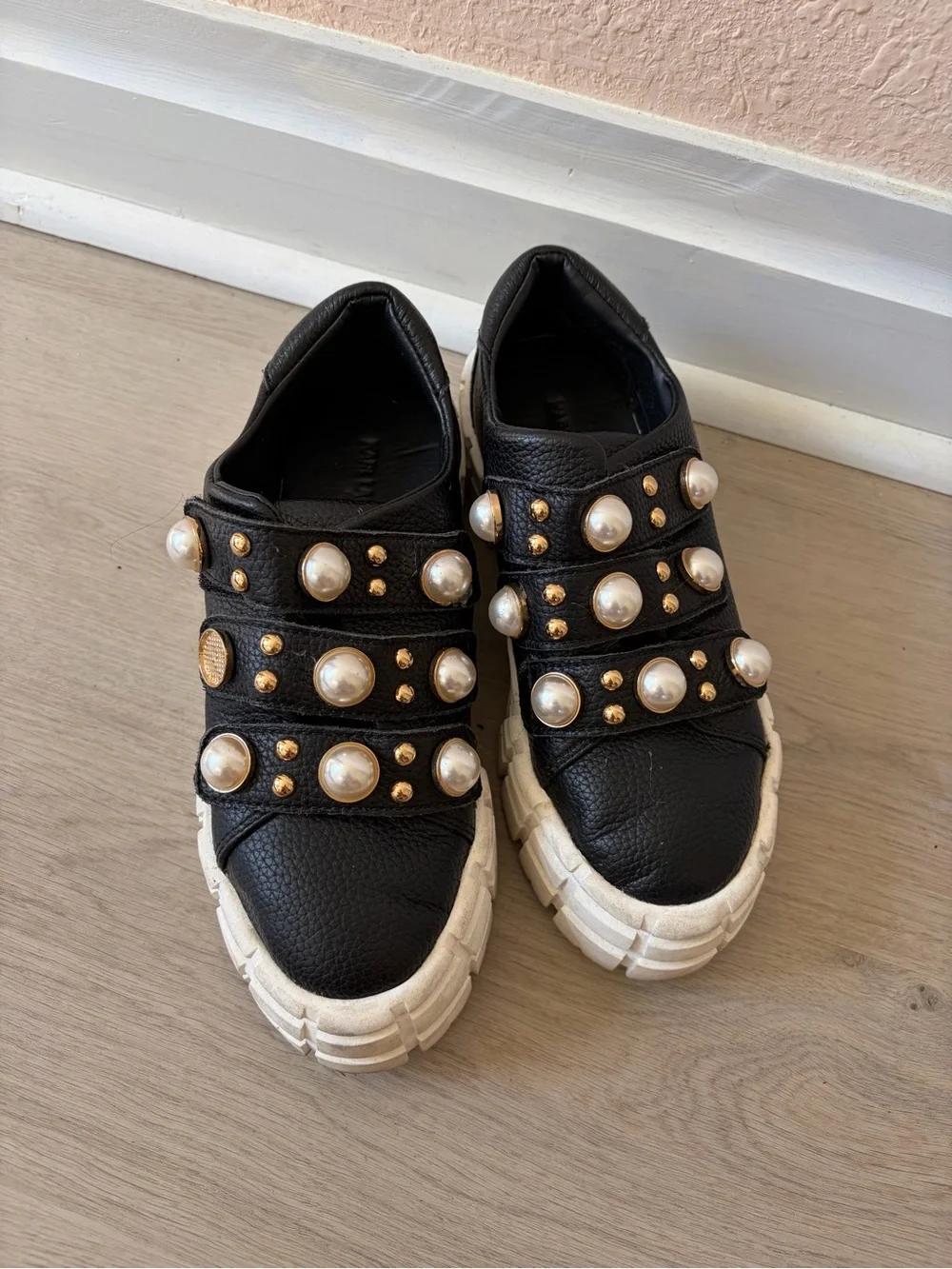 Karl Lagerfeld Black Pearl-Embellished Platform Sneakers